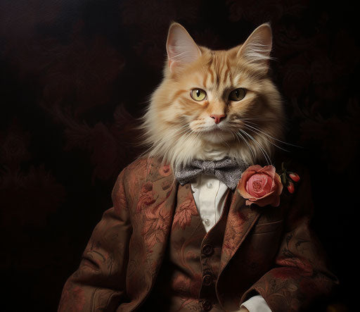Cat in front of portrait, black background, brown tones, masculine
