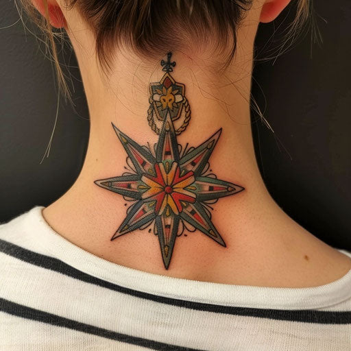 Neck tattoos for women in the style of Sailor Jerry showcasing a nautical star