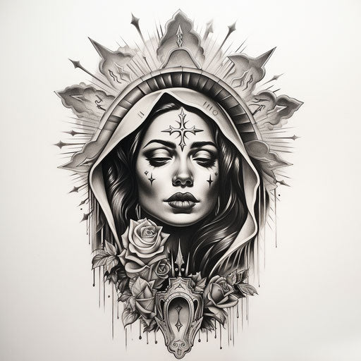 Black and white tattoo of Mary, lithograph style