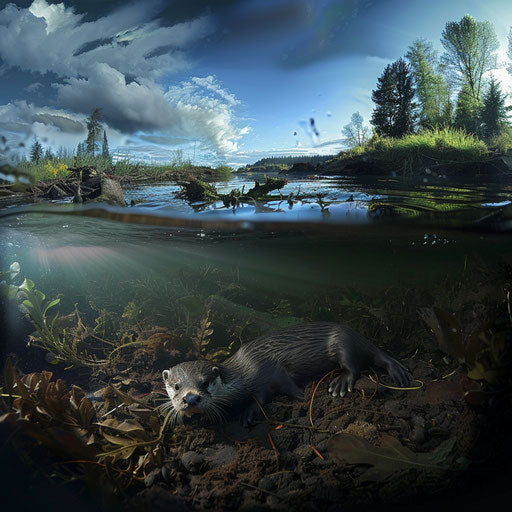 Otter habitat panoramic view from underwater to riverbank