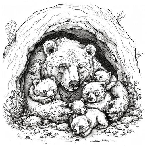 Brown bear snuggling with cubs in cozy den