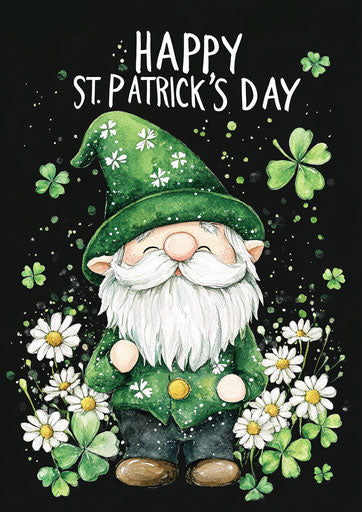 Watercolor, cute and adorable Irish gnome with green hat surrounded by white daisy flowers and clovers, on a black background with the text 'HAPPY ST. PATRICK'S DAY' written on top of it.