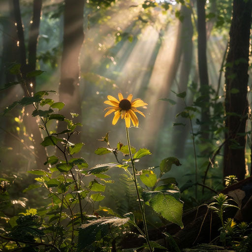 A single yellow coneflower illuminated by a sunbeam