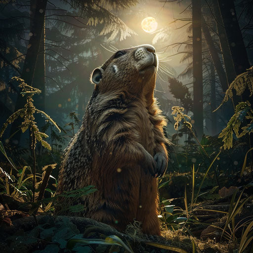 Groundhog illuminated by moonlight in a forest