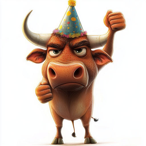 Humorous caricature of a bull with human characteristics