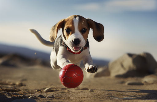 Beagle puppy playing with red ball, princesscore, naive