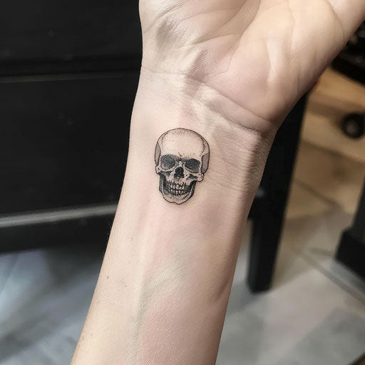 Small skull tattoo on the wrist in Adrian Smith style