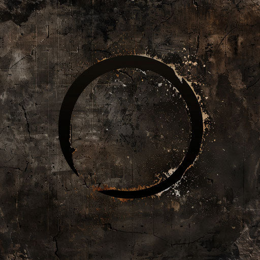 Edgy round logo with grunge fonts on a dark, textured background