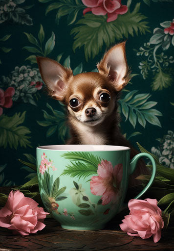Chihuahua dog sitting in a green mug