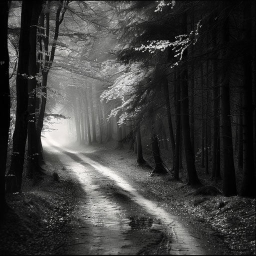 High-contrast black and white forest path