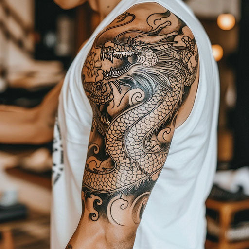 Half sleeve tattoo for men, Ami James style, traditional dragon