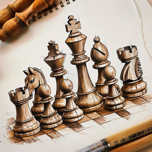 Nostalgic flat tattoo sketch of a classic wooden chess set, warm brown hues