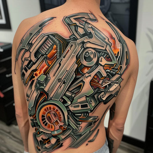 Biomechanical tattoo with cartoonish flair