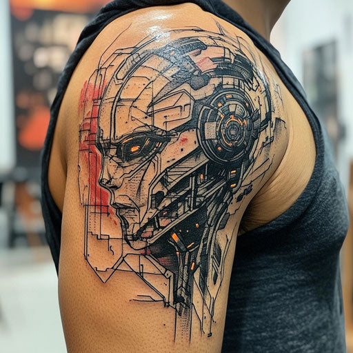 Upper arm tattoos for men with a futuristic cyborg, in the style of Steve McNiven