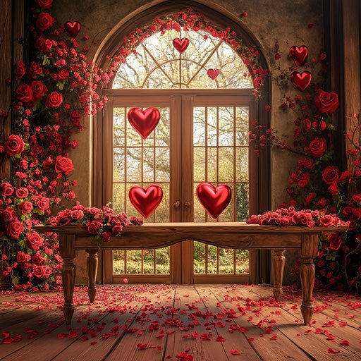 Valentine's Day backdrop with red heart-shaped roses and hearts