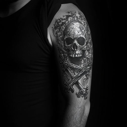 Men's arm tattoos: pirate skull and crossbones, Ami James style
