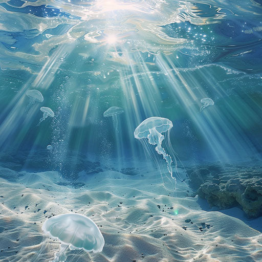 Tranquil underwater scene with jellyfish near sea floor