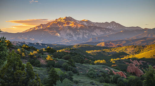 Pike's Peak view from The Garden Of The Gods at sunset, realism 16:9