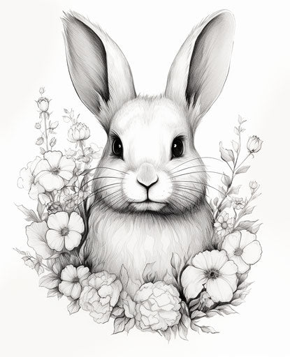 Drawing of cute little bunny with flowery details