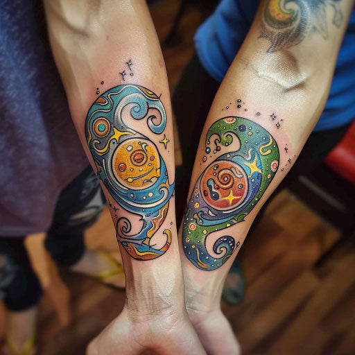 Matching tattoos of friends in Guy Aitchison style with colorful cosmic patterns