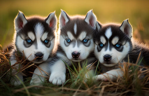 Husky puppies lying in grass with strong facial expression