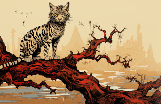 Feline walking on a tree with bold patterns