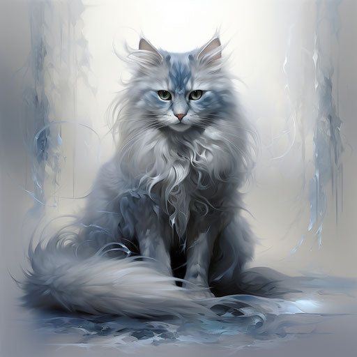 Grey and white cat sitting on the ground, realistic yet ethereal style, exaggerated caricatures, mallgoth, silver and azure, beautiful, mist, elaborate