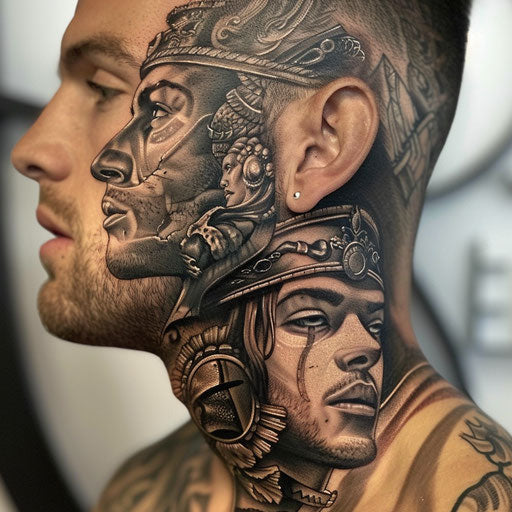 Men's neck tattoo with realistic warrior portraits