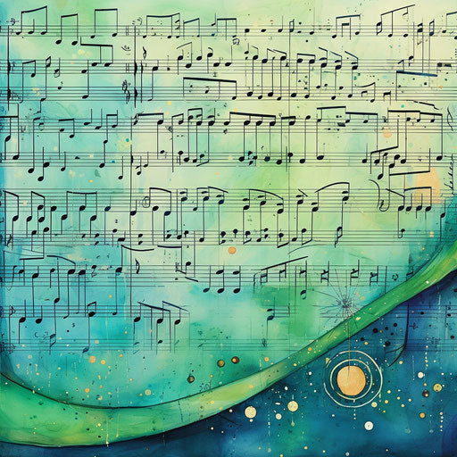 Music notes composed on a very short stave in green and blue