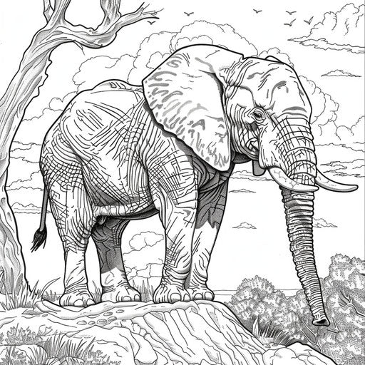 Majestic elephant on a hilltop. Coloring book page