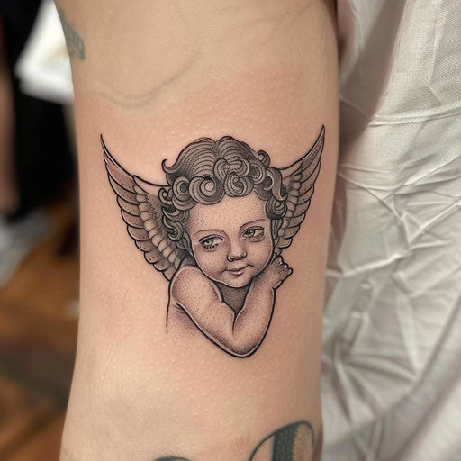 Traditional cherub tattoo on white canvas