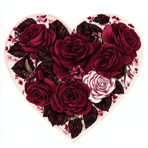 Floral heart shape with red roses on white background