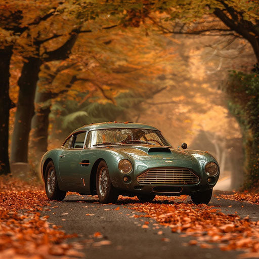Vintage Aston Martin DB7 Zagato in classic car rally, surrounded by autumn foliage