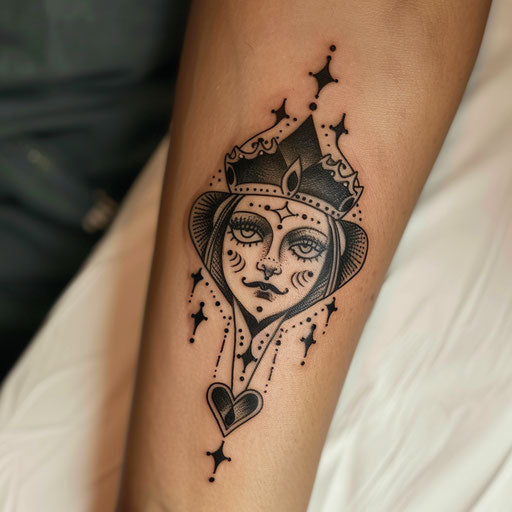 A tribal Queen of Hearts tattoo in black on white
