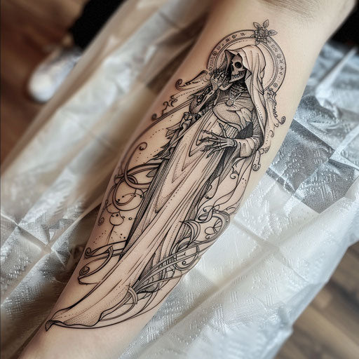 Elegant reaper tattoo with art nouveau influences and flowing lines