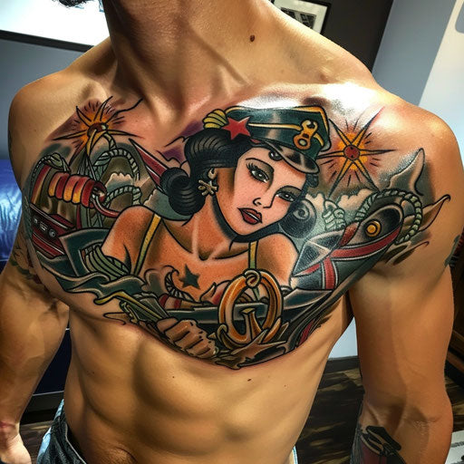 Men's chest tattoo with classic pin-up girls and anchors, in the style of Sailor Jerry