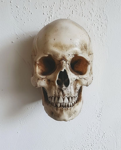 Small male human skull against a white wall