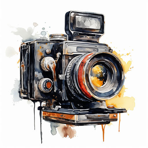 Film camera illustration in the style of oil painting, on white background