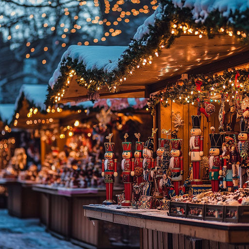 Charming street market scene with unique traditional Nutcrackers under twinkling holiday lights
