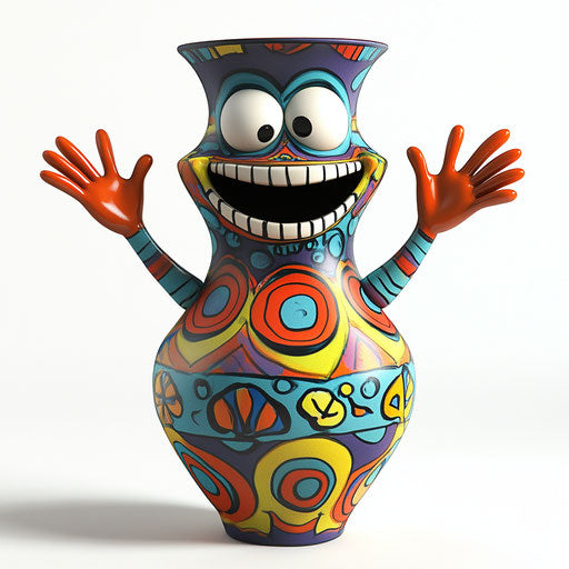 Humorous caricature of a vase with exaggerated human characteristics