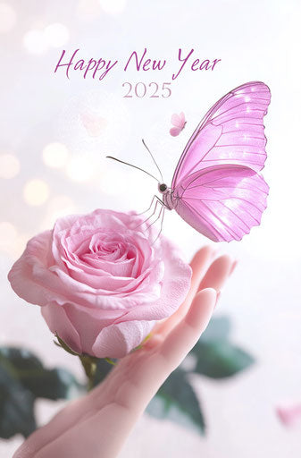 Pink rose and pink butterfly rest in the palm of the hand, with '2025' written on it.