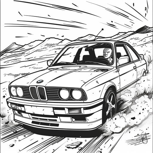 Comic style adventure of a BMW car with bold lines