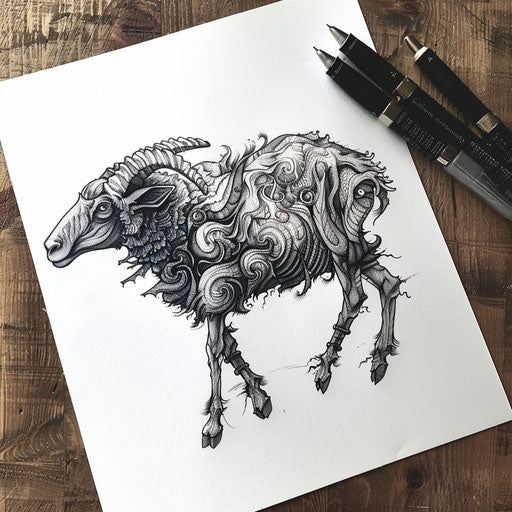 Black sheep with cosmic patterns, tattoo sketch
