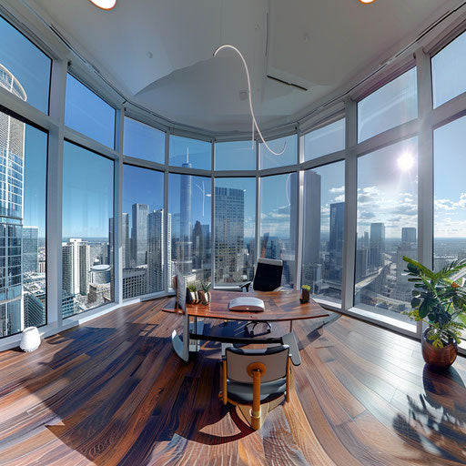 Panoramic images of a modern office space with city views