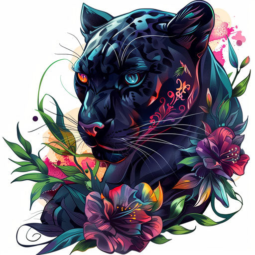 Neo-traditional black panther tattoo rich in color on white background