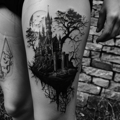Black Gothic Style Tattoo, with Haunted Castle on White