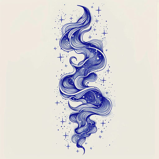 Dynamic flat tattoo sketch of the Aquarius constellation with abstract, swirling air currents