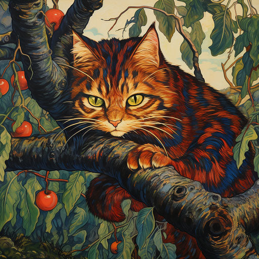 Louis Wain cat lying on a tree branch