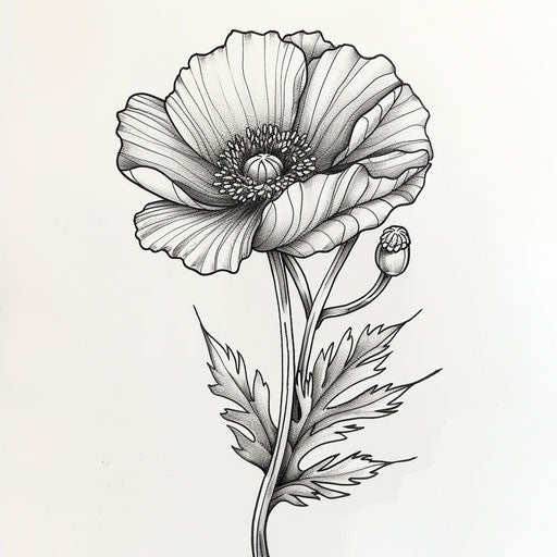 Illustrative poppy tattoo design with fine lines and shading