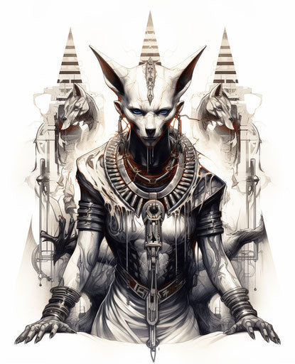 The tattoo of an Egyptian pharaoh in a triangle lining up with a tattoo of steampunk creatures